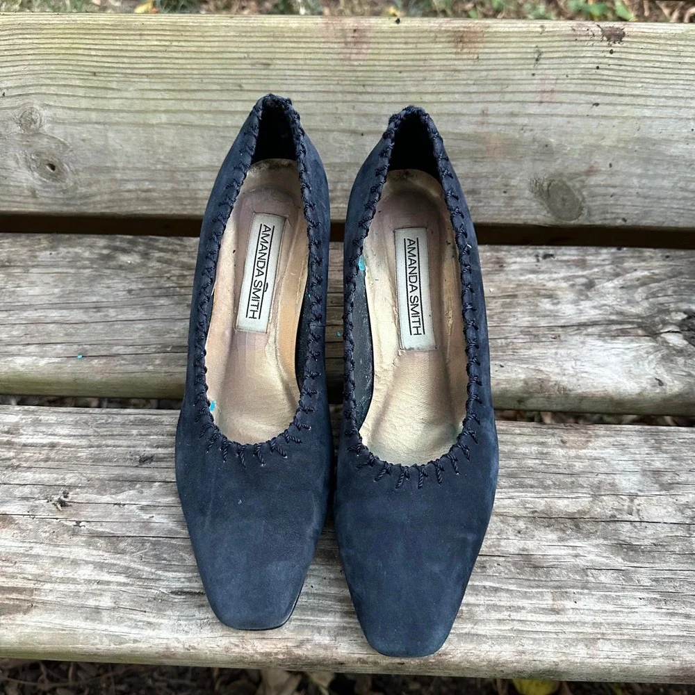 Vintage Amanda Smith Marilyn Kid Suede Pumps Pointed Toe Heels Navy Blue‎ Sz 9.5